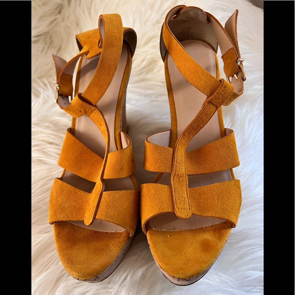 I. Crew- Yellow Mustard Suede Cork 4.5” Wedge Sandals Sz 10